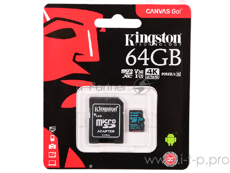 Флеш Карта MicroSD 64GB Kingston MicroSD Class UHS-I U3 V30 Canvas Go (SD адаптер) 45MB/s