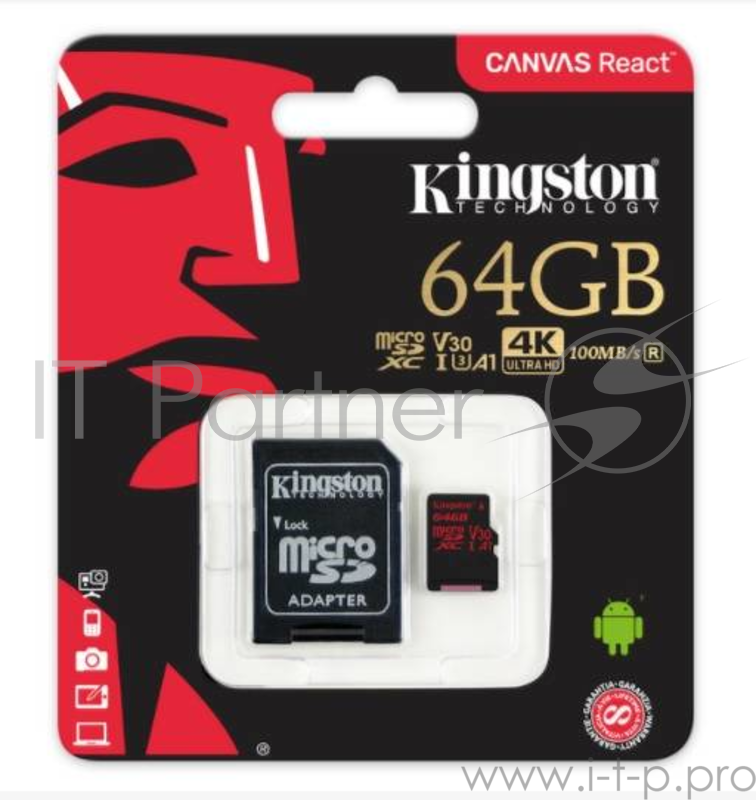 Флеш Карта MicroSD 64GB Kingston MicroSD Class UHS-I U3 V30 Canvas React (SD адаптер) 80MB/s