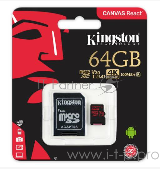 Флеш Карта MicroSD 64GB Kingston MicroSD Class UHS-I U3 V30 Canvas React (SD адаптер) 80MB/s