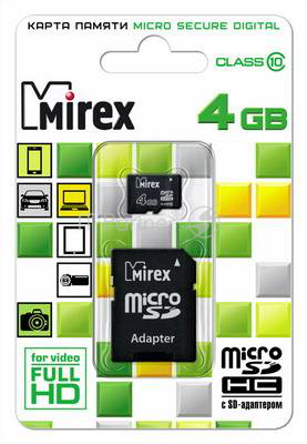 Флеш Карта MicroSD 4GB Mirex MicroSD Class 10 (SD адаптер)