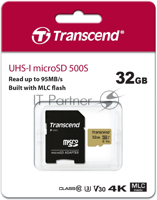 Флеш карта microSD 32GB Transcend microSDHC Class 10 UHS-1 U-3, V30, (SD адаптер), MLC