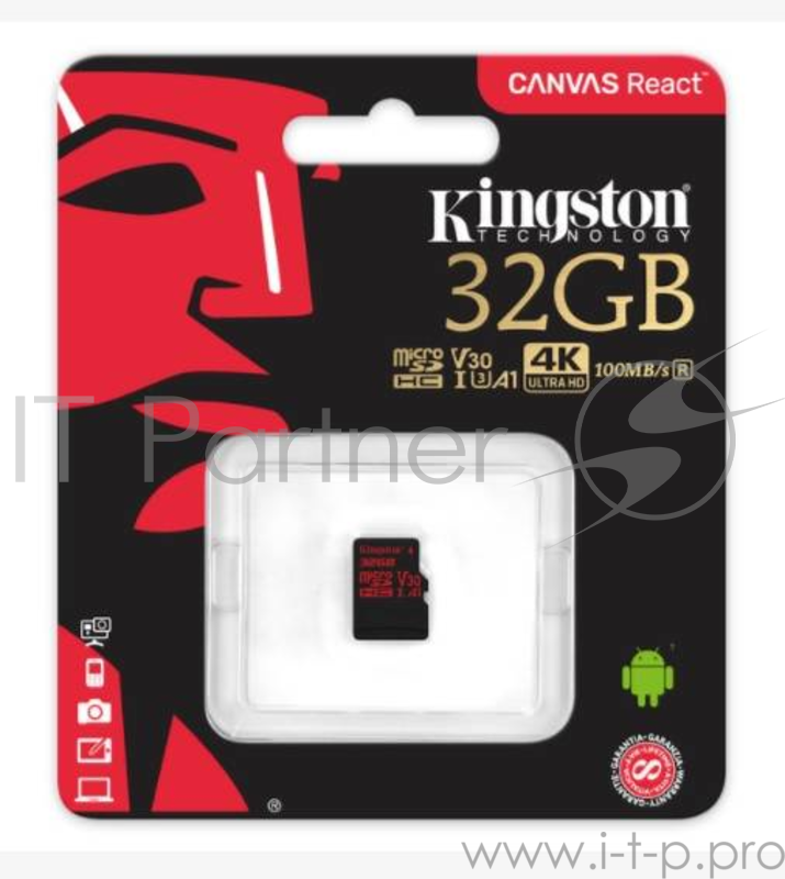 Флеш Карта MicroSD 32GB Kingston MicroSD Class UHS-I U3 V30 Canvas React 70MB/s