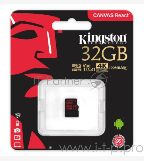 Флеш Карта MicroSD 32GB Kingston MicroSD Class UHS-I U3 V30 Canvas React 70MB/s