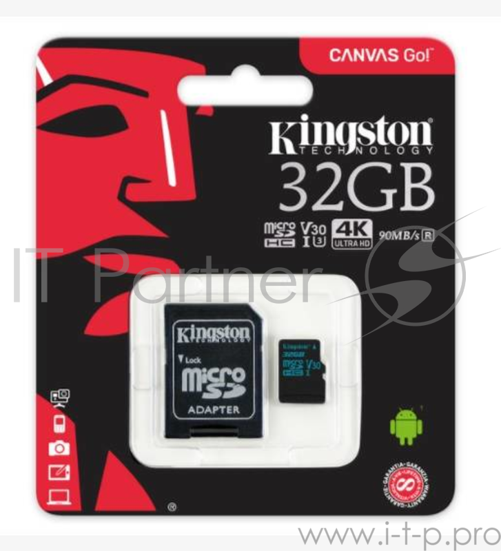 Флеш Карта MicroSD 32GB Kingston MicroSD Class UHS-I U3 V30 Canvas Go (SD адаптер) 45MB/s