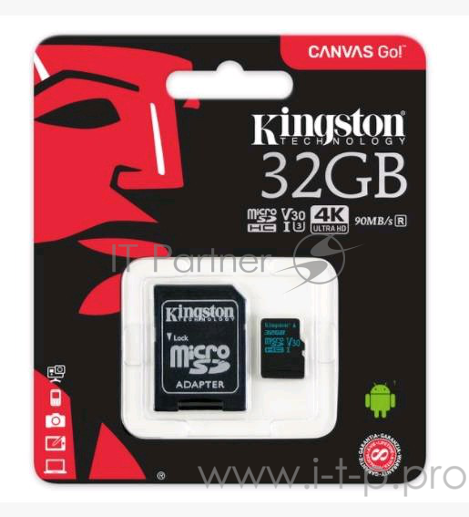 Флеш Карта MicroSD 32GB Kingston MicroSD Class UHS-I U3 V30 Canvas Go (SD адаптер) 45MB/s
