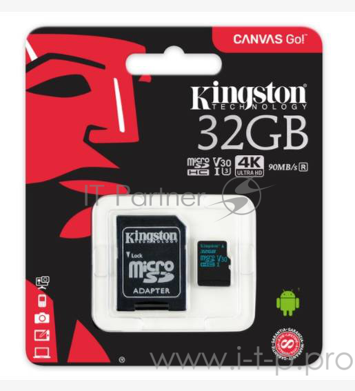 Флеш Карта MicroSD 32GB Kingston MicroSD Class UHS-I U3 V30 Canvas Go (SD адаптер) 45MB/s