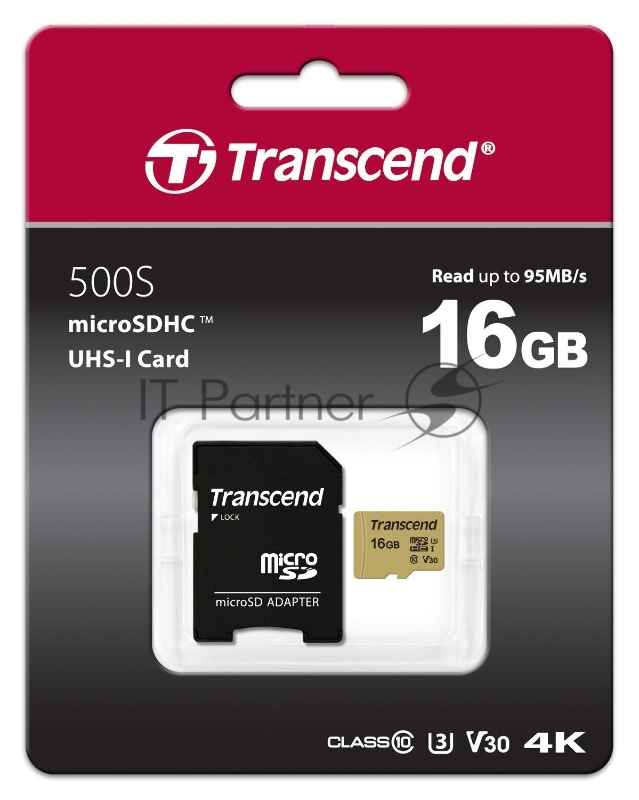 Флеш карта microSD 16GB Transcend microSDHC Class 10 UHS-I U-3, V30, (SD адаптер), MLC