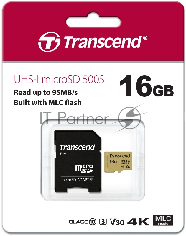 Флеш карта microSD 16GB Transcend microSDHC Class 10 UHS-I U-3, V30, (SD адаптер), MLC