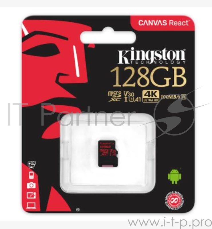 Флеш Карта MicroSD 128GB Kingston MicroSD Class UHS-I U3 V30 Canvas React 80MB/s