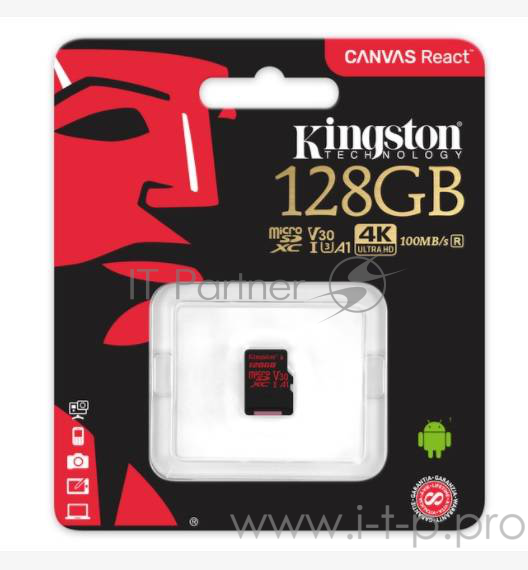 Флеш Карта MicroSD 128GB Kingston MicroSD Class UHS-I U3 V30 Canvas React 80MB/s
