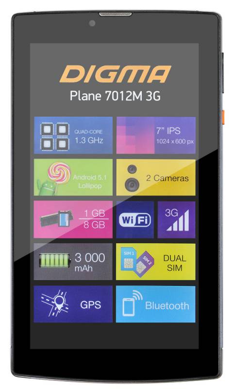 Планшет 7 Digma Plane 7012M 3G MT8321 (1.3) 4C/RAM1Gb/ROM8Gb 7 IPS 1024x600/3G/Android 5.1/голубой