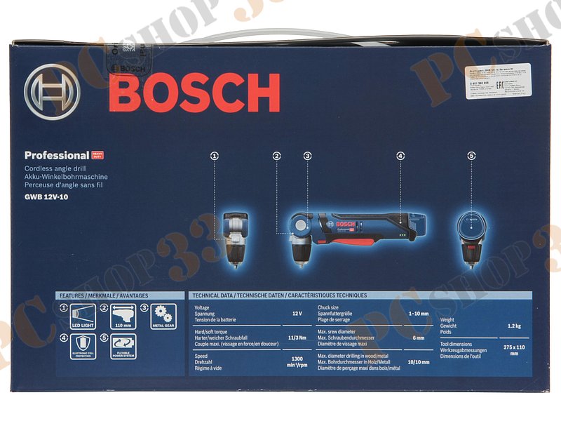 Дрель-шуруповёрт Bosch GWB 12V-10 Professional 0601390905, аккум., угловая (Li-Ion 10.8/12В, 1300об./мин., быстроз.) (без аккум.)