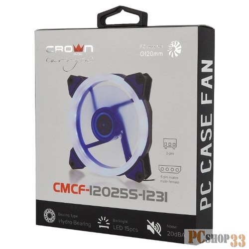 вентилятор CROWN Вентилятор для компьютерного корпуса CMCF-12025S-1231 (120*120*25ммСинее LED кольцо1500 об/мин35CFM20ДбПодшипник скольжения3pin+MOLEX(папа-мама) 40+10см)