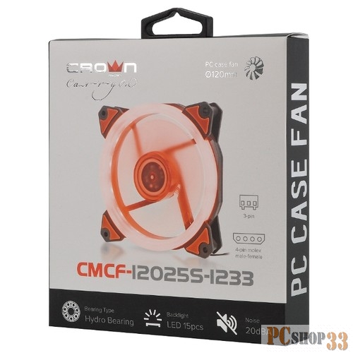 вентилятор CROWN Вентилятор для компьютерного корпуса CMCF-12025S-1233 (120*120*25ммОранжевое LED кольцо1500 об/мин35CFM20ДбПодшипник скольжения3pin+MOLEX(папа-мама) 40+10см)