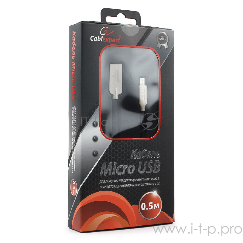 Кабель Cablexpert Кабель USB 2.0 CC-P-mUSB02Bk-0.5M AM/microB, серия Platinum, длина 0.5м, черный, блистер