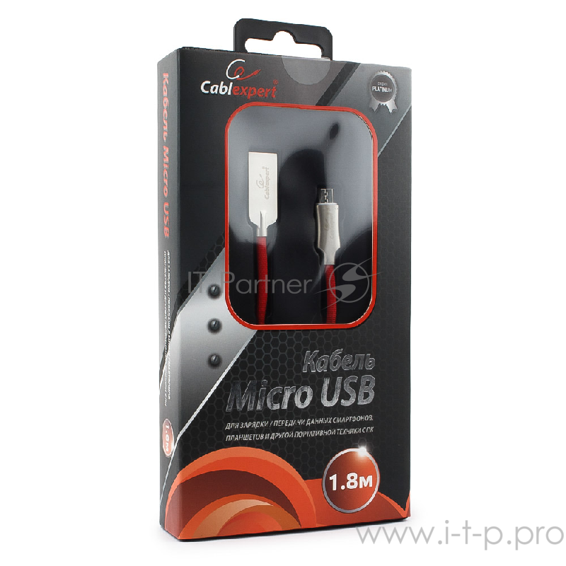 Кабель Cablexpert Кабель USB 2.0 CC-P-mUSB02R-1.8M AM/microB, серия Platinum, длина 1.8м, красный, блистер