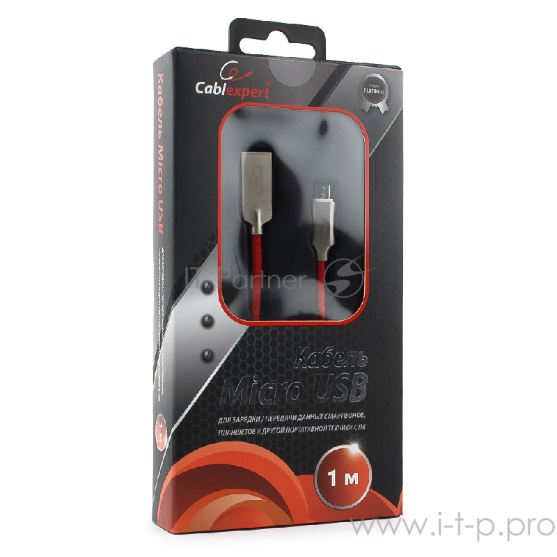 Кабель Cablexpert Кабель USB 2.0 CC-P-mUSB02R-1M AM/microB, серия Platinum, длина 1м, красный, блистер