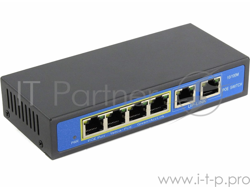 Коммутатор PoE 4 порта 10/100Mbps SWP-7504POE/2P 4xPoE+1xUplink RJ45, IEEE 802.3af, мощность 15.4 Вт