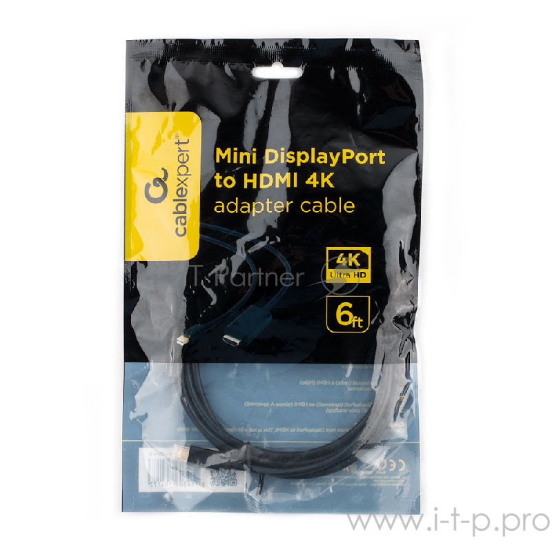 Кабель Cablexpert Кабель mDP-HDMI, 20M/19M, 1.8м, черный, позол.разъемы, пакет (CC-mDP-HDMI-6)