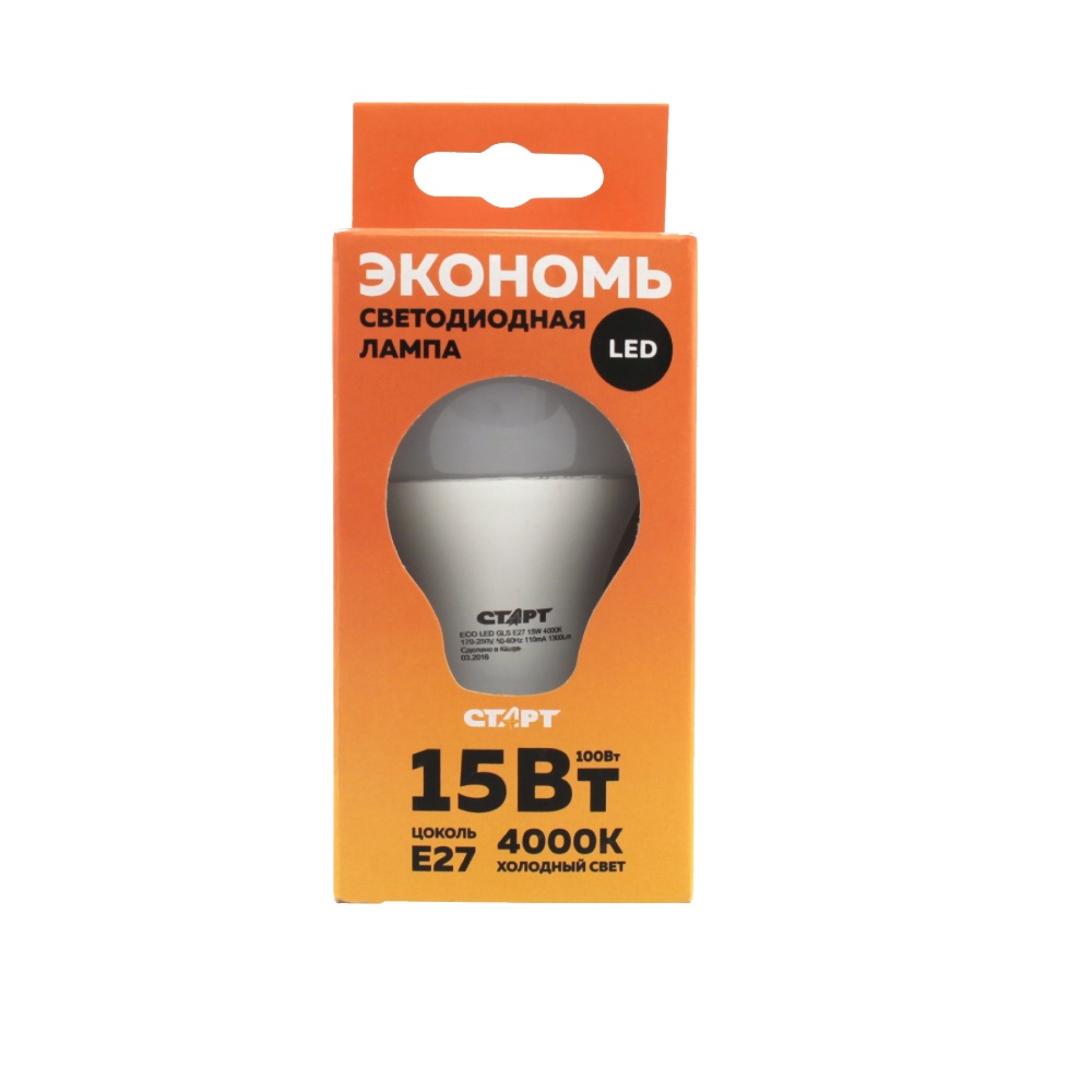 Светодиодная лампа СТАРТ ECO LEDGLSE27 15W 40 4000К, 220В, 220?, 1300Лм