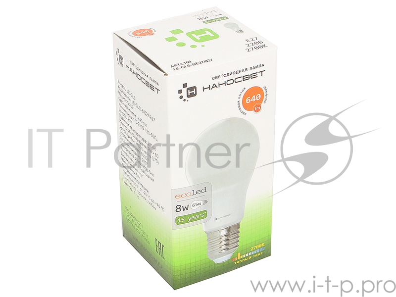 Светодиодная лампа НАНОСВЕТ E27/827 EcoLed L160 8Вт, шар, 620 лм, Е27, 2700К, Ra80