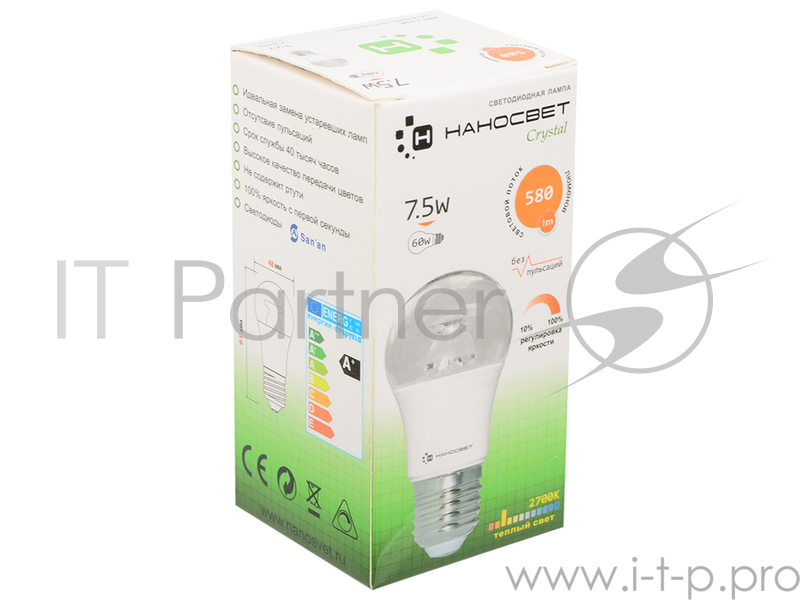 Светодиодная лампа НАНОСВЕТ E27/827 Crystal L234 диммируемая 7.5Вт, шар, 580 лм, Е27, 2700К, Ra80