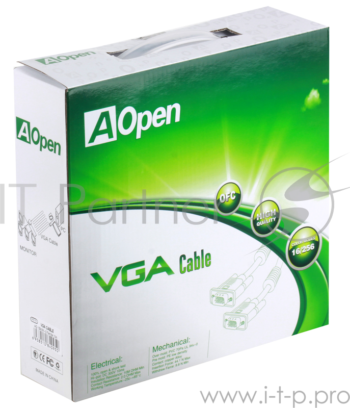 Кабель монитор-SVGA card (15M-15M) 10м 2 фильтра Aopen/Qust (ACG341AD-10M)