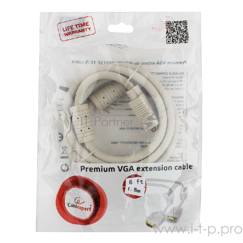 Кабель удлинит. VGA Premium Cablexpert, 1.8м, 15M/15F, тройн.экран, феррит.кольца, пакет