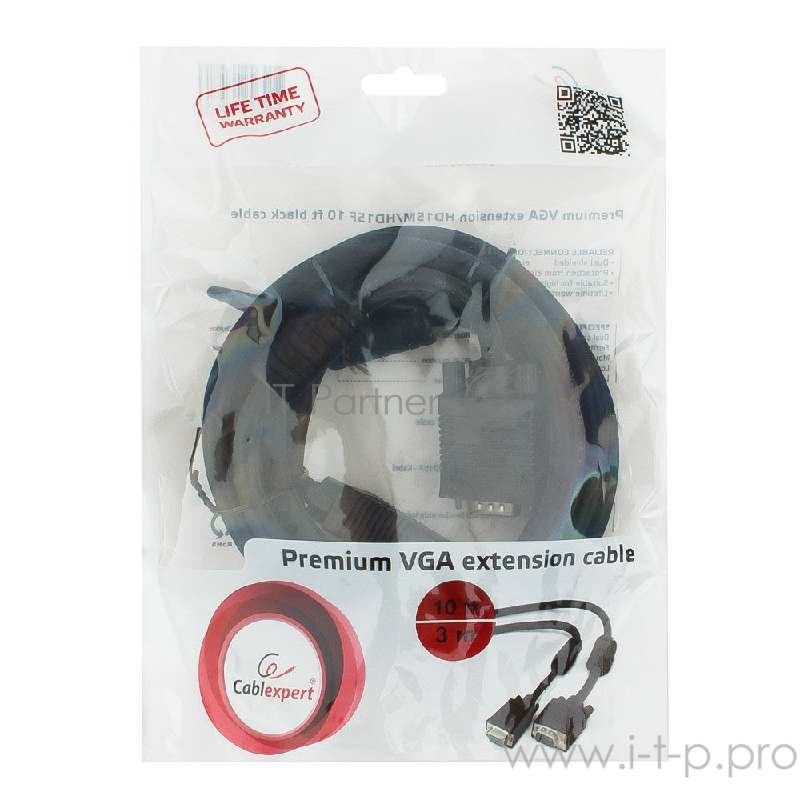 Кабель удлинитель VGA Premium Cablexpert CC-PPVGAX-10-B, 3.0м, 15M/15F, тройной экран, феррит.кольца