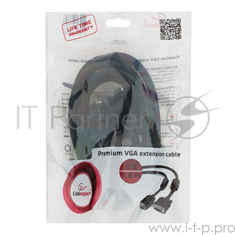 Кабель удлинитель VGA Premium Cablexpert, 15M/15F, 1.8м, тройной экран, феррит.кольца, чер