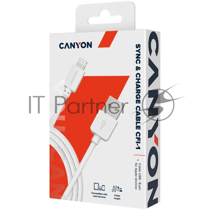 Кабель Lightning/USB, round, cable length 1m, White CANYON CNE-CFI1W