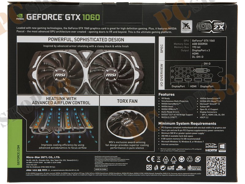 Видеокарта MSI GeForce GTX 1060 ARMOR 6GD5X OC 6ГБ (GeForce GTX 1060, DDR5X, DVI, HDMI, 3xDP) (PCI-E)