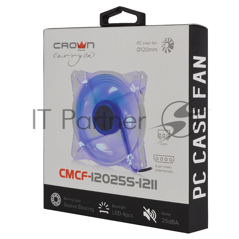 вентилятор CROWN Вентилятор для компьютерного корпуса CMCF-12025S-1211 (120*120*25ммСиний 4LED1500 об/мин35CFM20ДбПодшипник скольжения3pin+MOLEX(папа-мама) 40+10см)