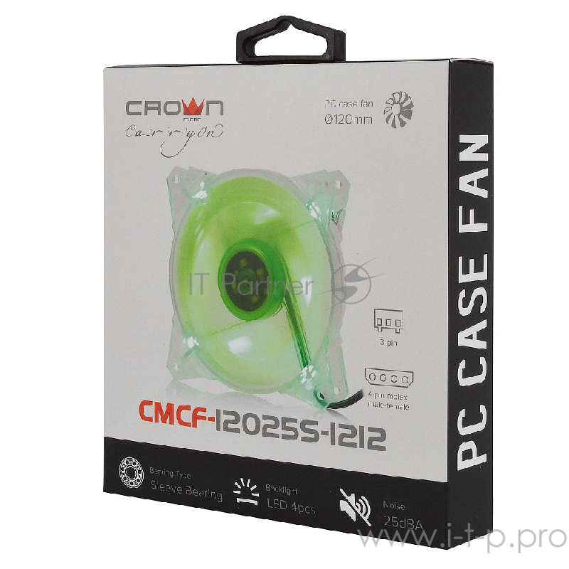 вентилятор CROWN Вентилятор для компьютерного корпуса CMCF-12025S-1212 (120*120*25ммЗелёный 4LED1500 об/мин35CFM20ДбПодшипник скольжения3pin+MOLEX(папа-мама) 40+10см)