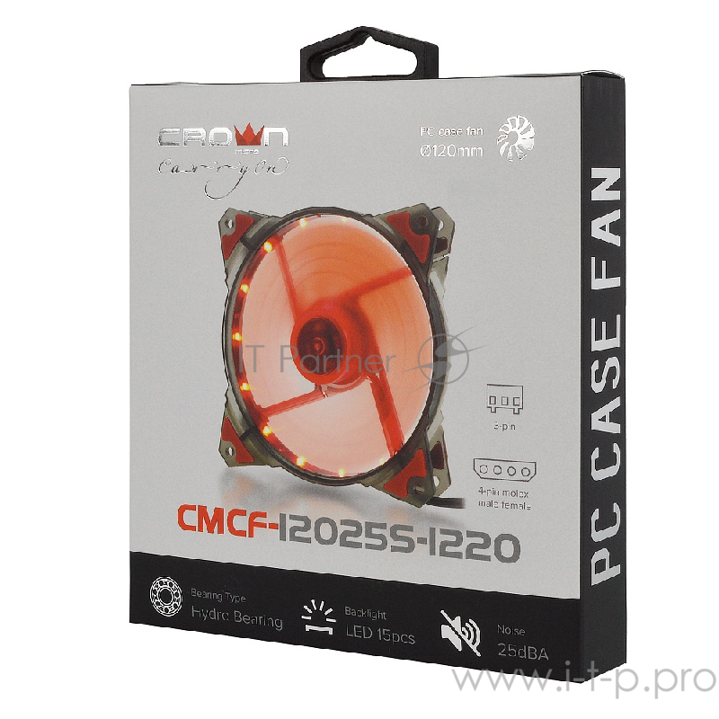 вентилятор CROWN Вентилятор для компьютерного корпуса CMCF-12025S-1220 (120*120*25ммКрасный 16LED1500 об/мин35CFM20ДбПодшипник скольжения3pin+MOLEX(папа-мама) 40+10см)