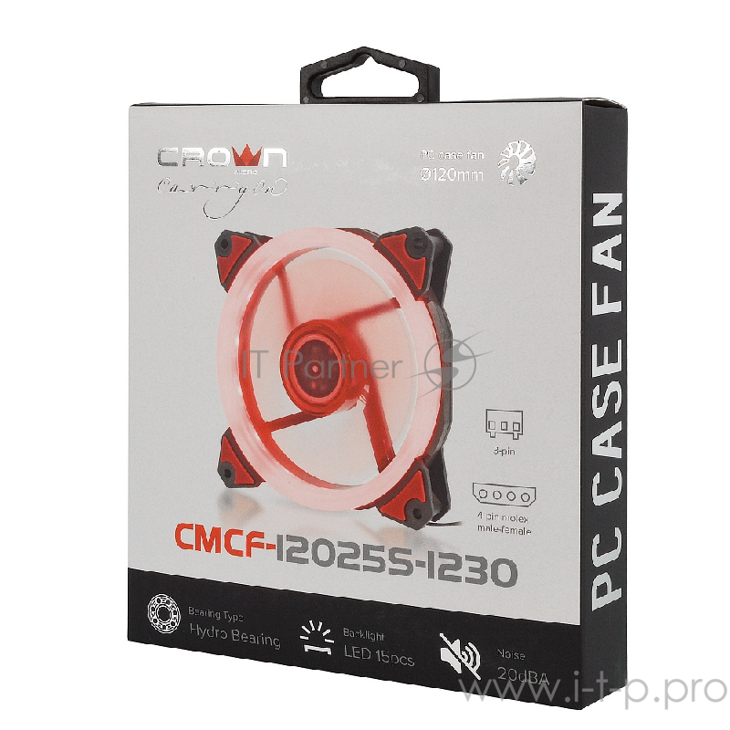 вентилятор CROWN Вентилятор для компьютерного корпуса CMCF-12025S-1230 (120*120*25ммКрасное LED кольцо1500 об/мин35CFM20ДбПодшипник скольжения3pin+MOLEX(папа-мама) 40+10см)