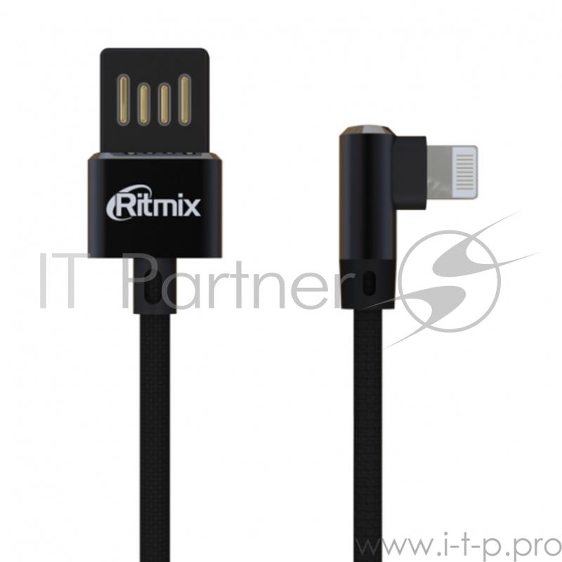 Кабель RITMIX Дата-кабель USB-Apple 8pin lightning Для зарядки и синхронизации ,1 м ,тканевая оплетка «2А»Угловые коннекторы - 90 градусов (RITMIX RCC-428 Black )