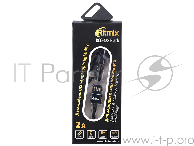 Кабель RITMIX Дата-кабель USB-Apple 8pin lightning Для зарядки и синхронизации ,1 м ,тканевая оплетка «2А»Угловые коннекторы - 90 градусов (RITMIX RCC-428 Black )