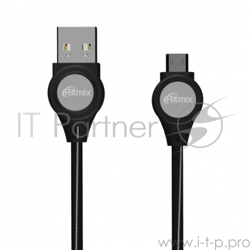 Кабель Ritmix Дата-кабель USB-micro USB RCC-419 Black (Для зарядки и синхронизации Длина кабеля: 1 м Тканевая оплетка «2A» LED подсветка)