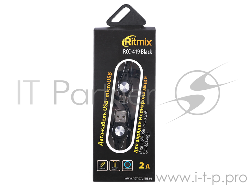 Кабель Ritmix Дата-кабель USB-micro USB RCC-419 Black (Для зарядки и синхронизации Длина кабеля: 1 м Тканевая оплетка «2A» LED подсветка)