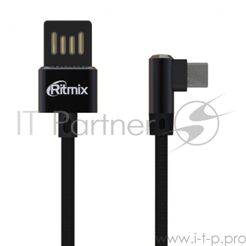 Кабель Ritmix Дата-кабель USB-micro USB RCC-418 Black ( Для зарядки и синхронизацииДлина кабеля: 1 м Тканевая оплетка«2A»Угловые коннекторы - 90 градусов)