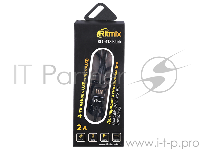 Кабель Ritmix Дата-кабель USB-micro USB RCC-418 Black ( Для зарядки и синхронизацииДлина кабеля: 1 м Тканевая оплетка«2A»Угловые коннекторы - 90 градусов)