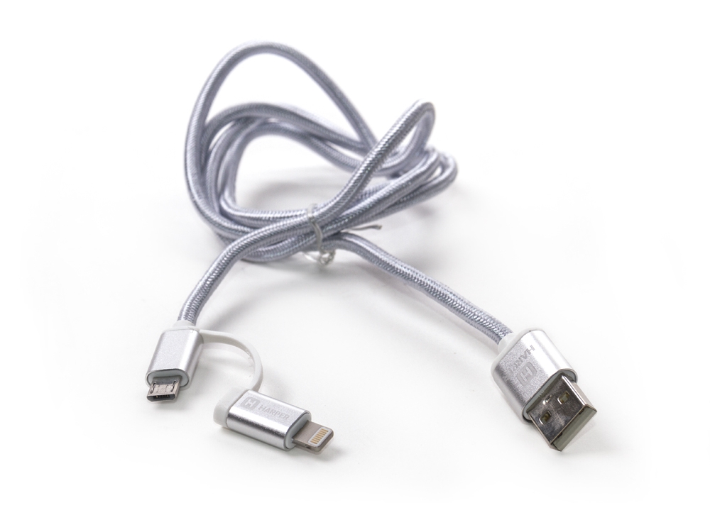 Кабель Harper USB - micro USB+Lightning, BRCH-410 SILVER(1м, способны заряжать устройства до 2х ампер)