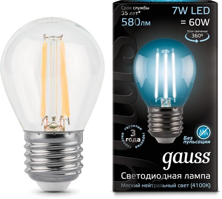 GAUSS Светодиодные лампы GAUSS 105802207 Светодиодная лампа LED Filament Шар E27 7W 580lm 4100K 1/10/50