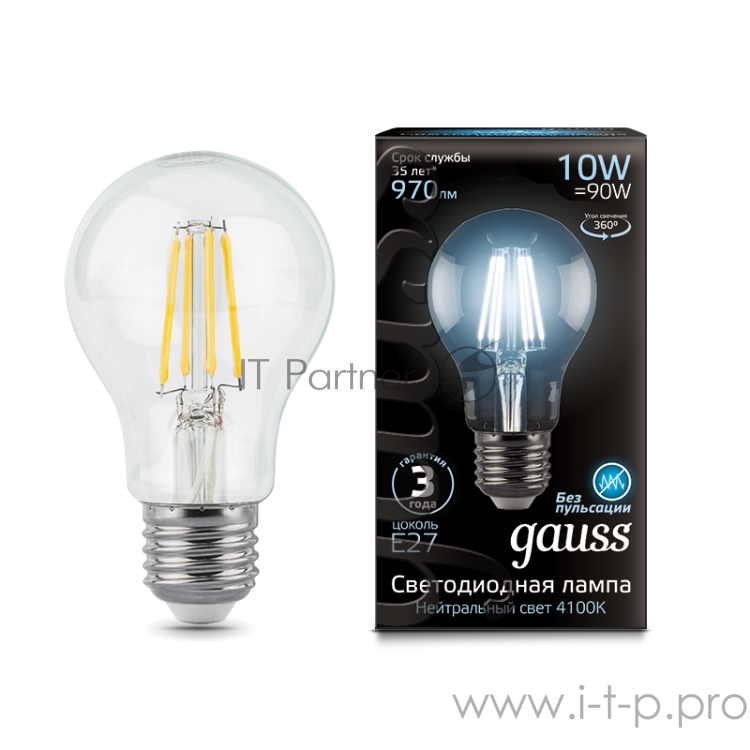 GAUSS Светодиодные лампы GAUSS 102802210 Светодиодная лампа LED Filament A60 E27 10W 970lm 4100К 1/10/40