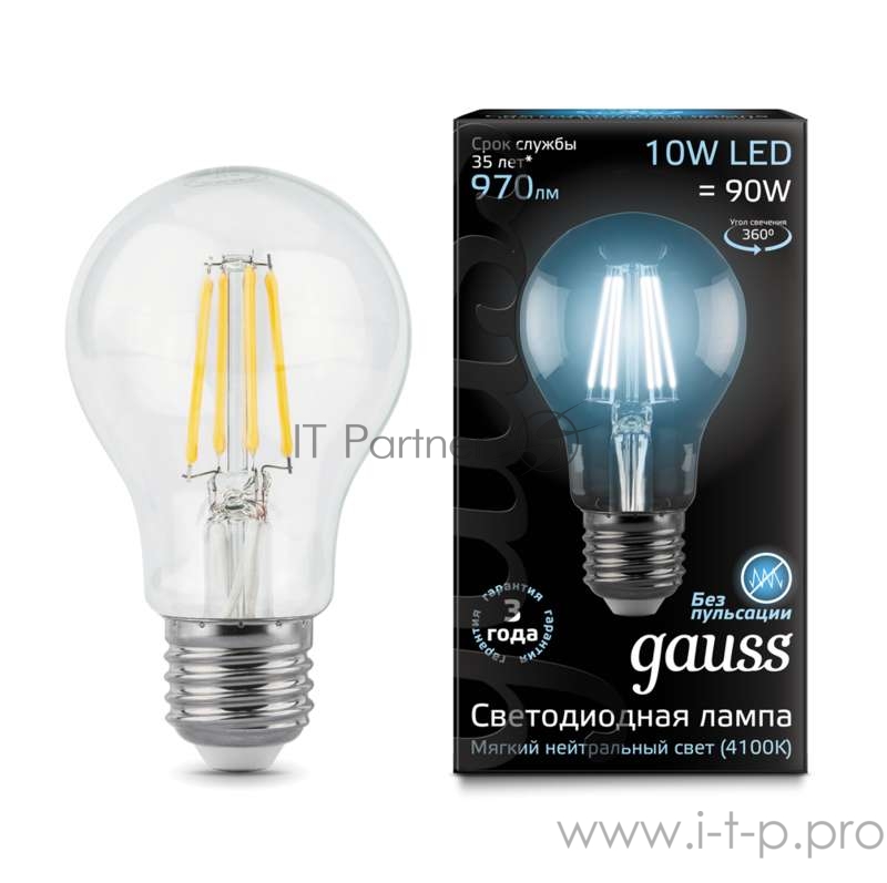 GAUSS Светодиодные лампы GAUSS 102802210 Светодиодная лампа LED Filament A60 E27 10W 970lm 4100К 1/10/40