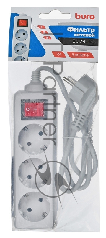Сетевой фильтр Buro 300SL-1-G 1м (3 розетки) серый (пакет ПЭ)