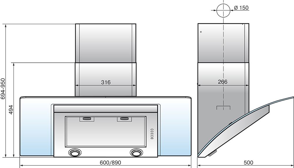 Вытяжка каминная Elikor Аквамарин 60Н-650-Э7Г нержавеющая сталь/тонир. галоген управление: сенсорное