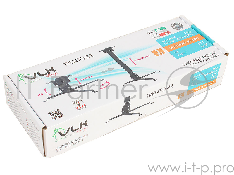 Кронштейн для проекторов VLK TRENTO-82 Черный, настенный/потолочный, max 15 кг, 3 ст своб/, наклон ±