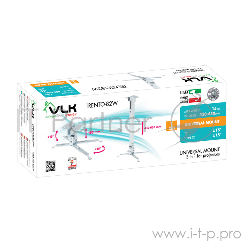 Кронштейн для проекторов VLK TRENTO-82w Белый, настенный/потолочный, max 15 кг, 3 ст своб/, наклон ±